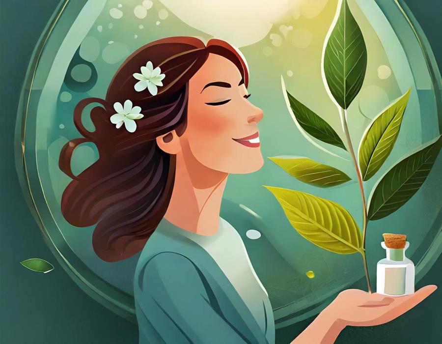 mulher de cabelos longos pretos segura um frasco de óleo essencial com expressão de calma