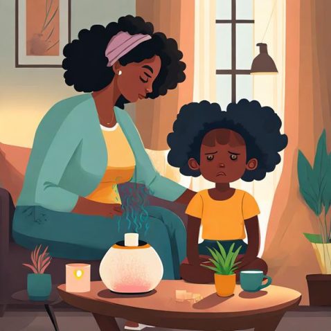 mãe educando a filha contrariada com difusor de aromaterapia sobre a mesa