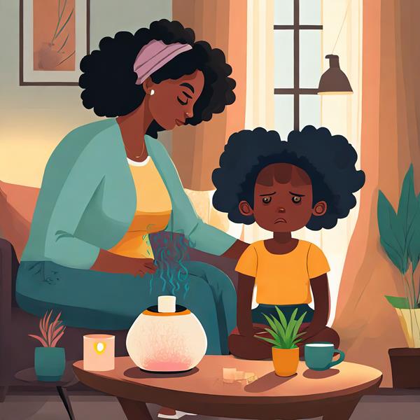 mãe educando a filha contrariada com difusor de aromaterapia sobre a mesa