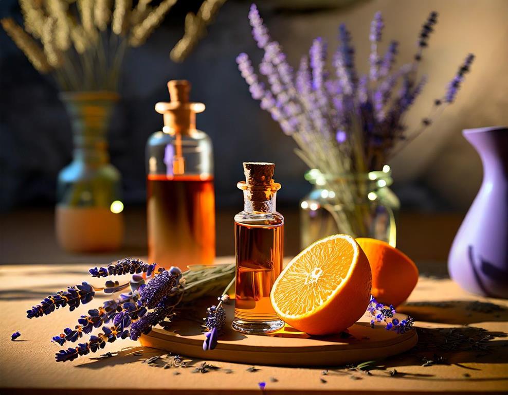 óleos essenciais de laranja e lavanda sob uma mesa de madeira, com jarra e vasos com plantas ao fundo
