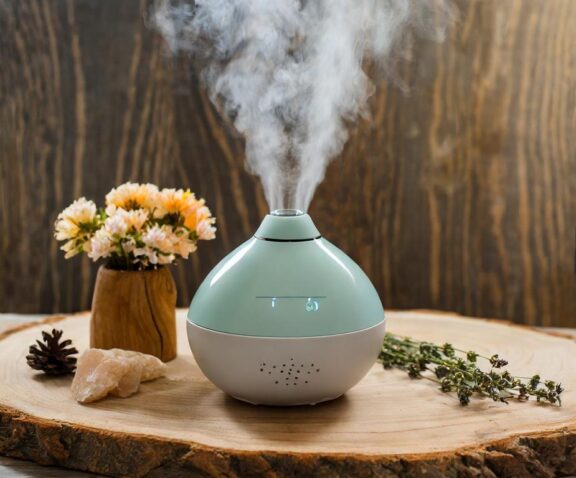 difusor elétrico aromaterapia em cima de uma mesa de madeira com vasos de flores