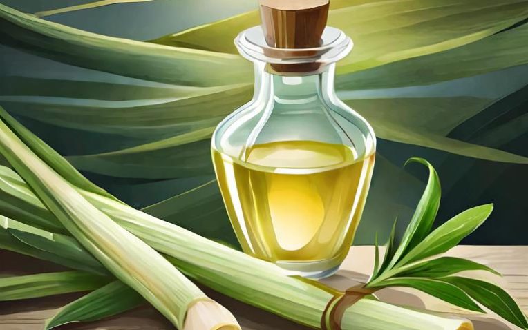 óleo essencial capim limao sobre uma mesa de madeira